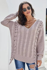 Pink Love Letters Lace Up Cable Knit Sweater - Femstylo