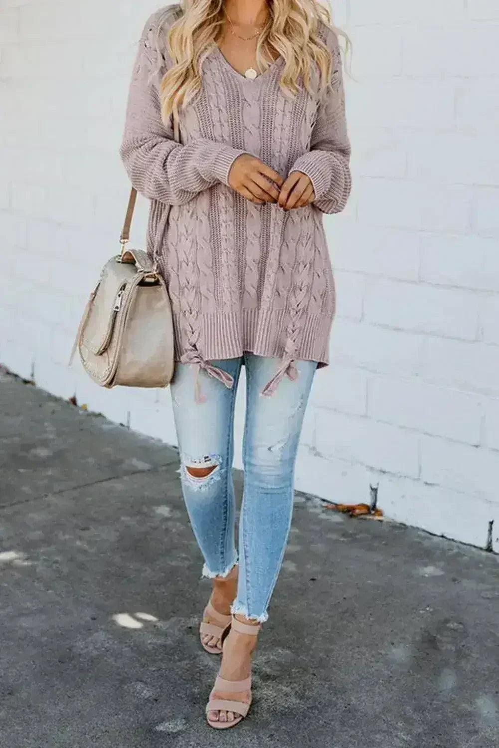 Pink Love Letters Lace Up Cable Knit Sweater - Femstylo