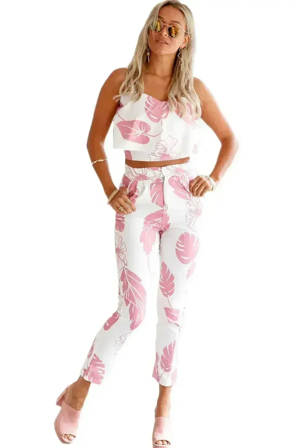 Pink Mottled Print Flounced Crop Top and Pant Set - Femstylo