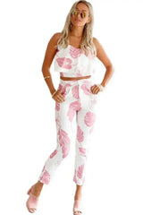 Pink Mottled Print Flounced Crop Top and Pant Set - Femstylo