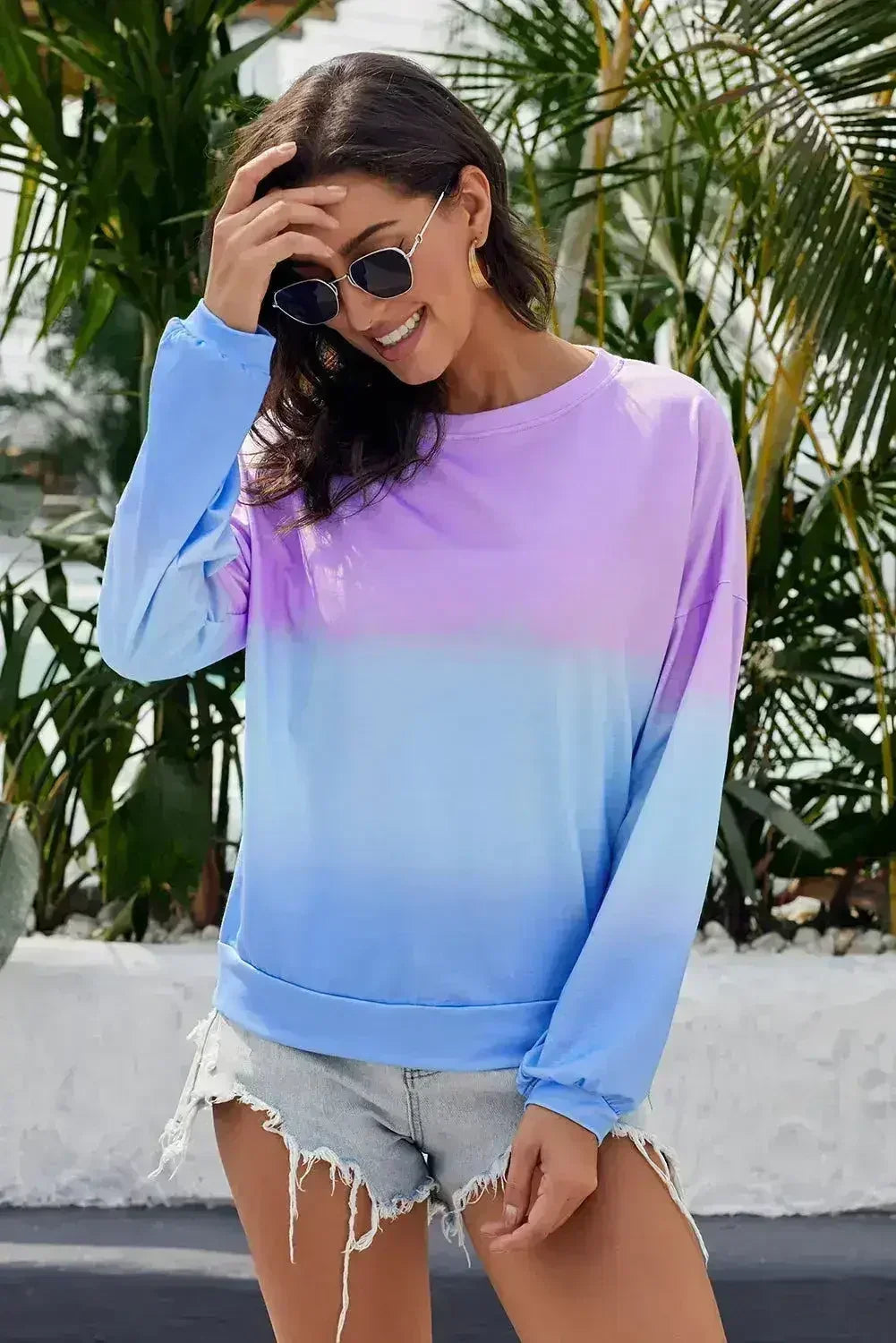 Purple Blue Color Block Tie Dye Pullover Sweatshirt - Femstylo