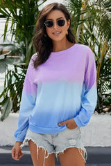 Purple Blue Color Block Tie Dye Pullover Sweatshirt - Femstylo
