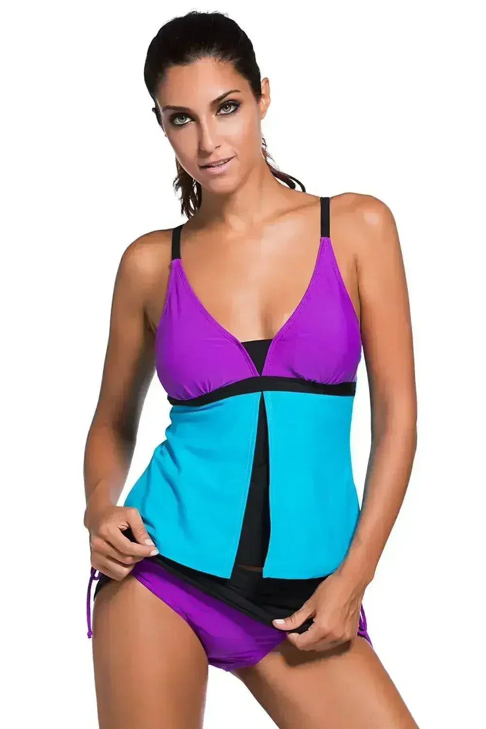 Purple Blue Colorblock 2 Pieces Tankini Skort Bottom Swimsuit - Femstylo