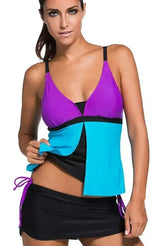 Purple Blue Colorblock 2 Pieces Tankini Skort Bottom Swimsuit - Femstylo