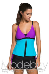 Purple Blue Colorblock 2 Pieces Tankini Skort Bottom Swimsuit - Femstylo
