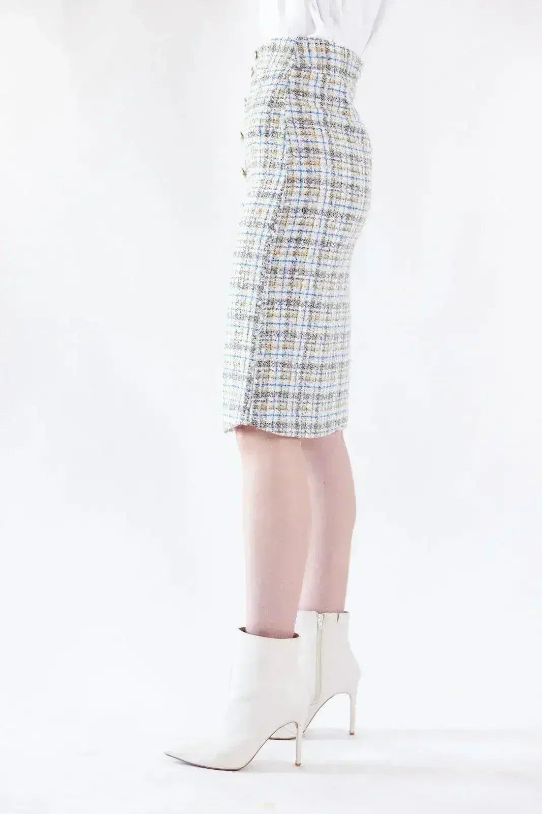 Luxe Plaid Tweed Pencil Skirt - Femstylo