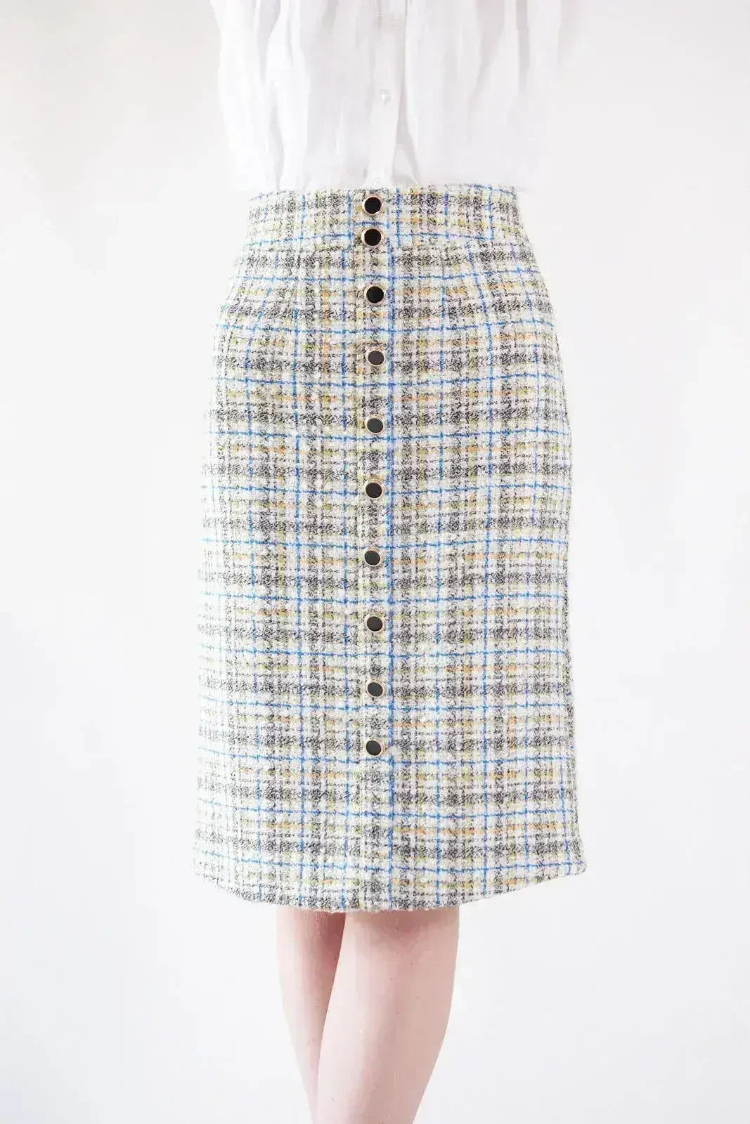 Luxe Plaid Tweed Pencil Skirt - Femstylo