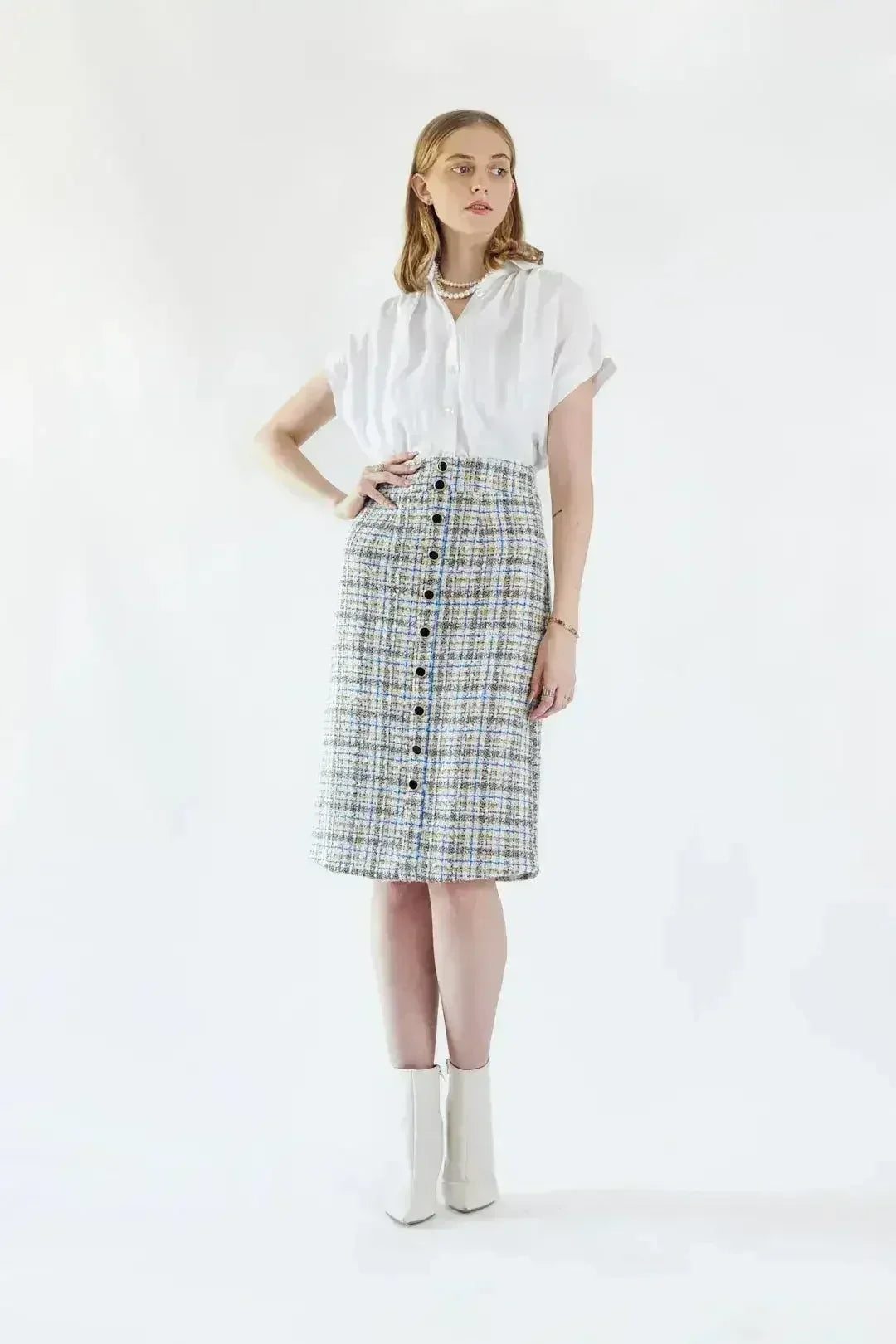 Luxe Plaid Tweed Pencil Skirt - Femstylo