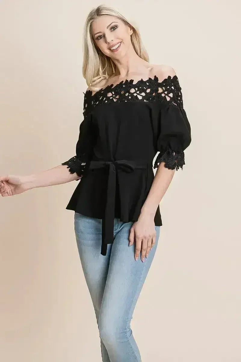 Lace Crochet Self Belted Off The Shoulder Tops with Back Zipper - Femstylo