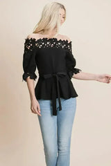Lace Crochet Self Belted Off The Shoulder Tops with Back Zipper - Femstylo