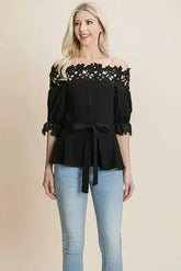 Lace Crochet Self Belted Off The Shoulder Tops with Back Zipper - Femstylo