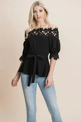 Lace Crochet Self Belted Off The Shoulder Tops with Back Zipper - Femstylo