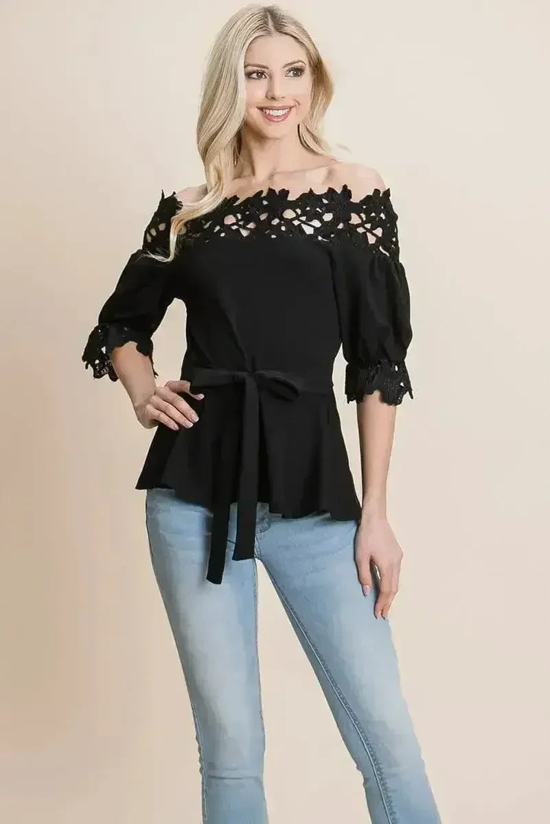 Lace Crochet Self Belted Off The Shoulder Tops with Back Zipper - Femstylo