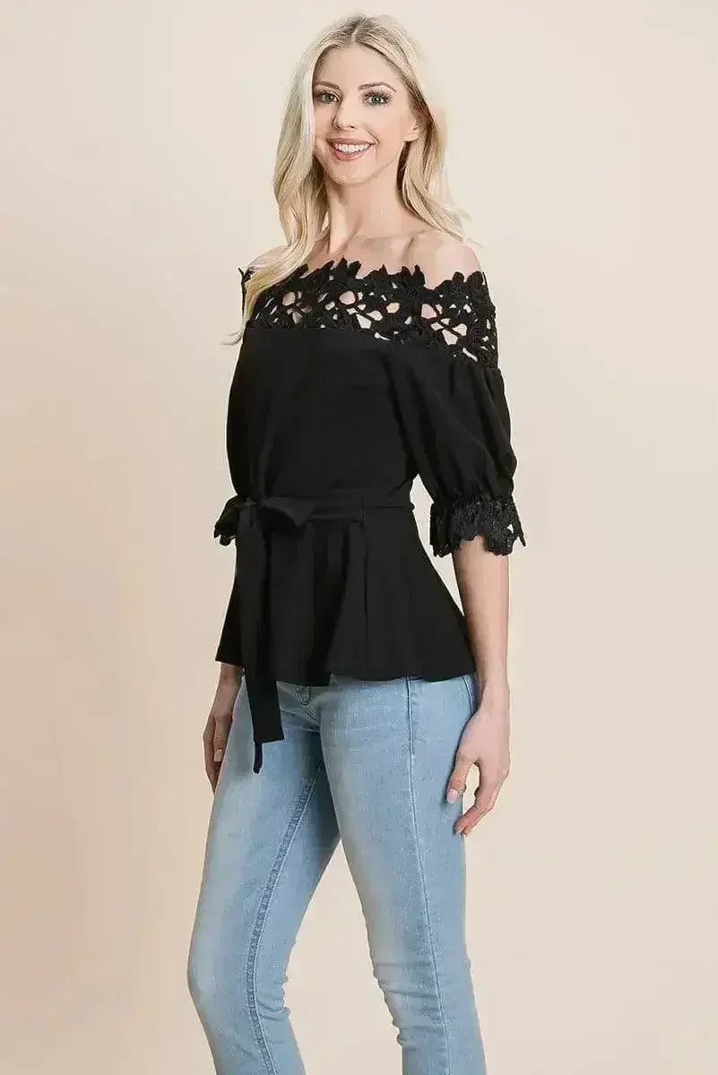 Lace Crochet Self Belted Off The Shoulder Tops with Back Zipper - Femstylo
