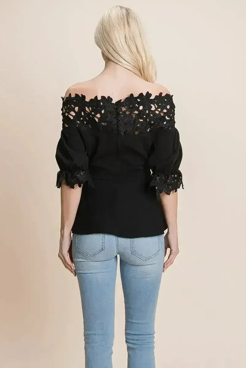 Lace Crochet Self Belted Off The Shoulder Tops with Back Zipper - Femstylo