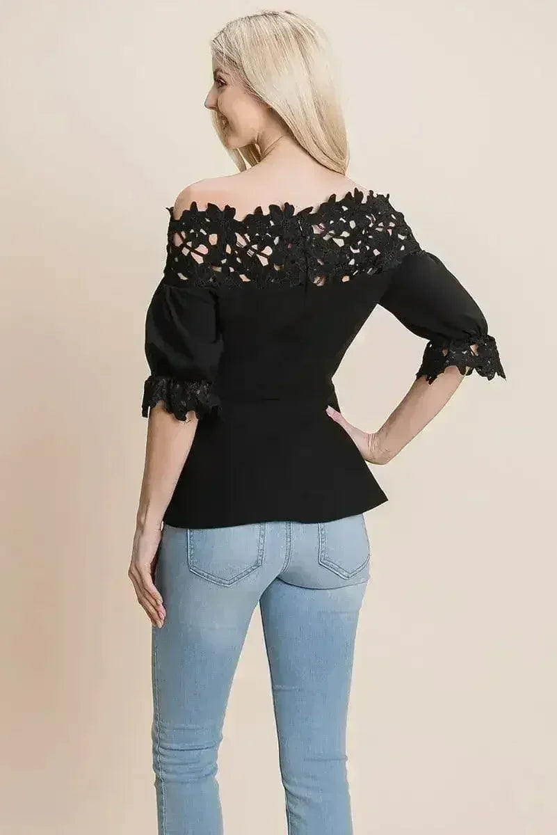 Lace Crochet Self Belted Off The Shoulder Tops with Back Zipper - Femstylo