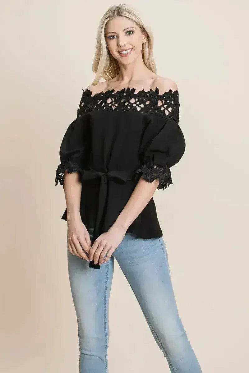 Lace Crochet Self Belted Off The Shoulder Tops with Back Zipper - Femstylo