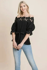 Lace Crochet Self Belted Off The Shoulder Tops with Back Zipper - Femstylo