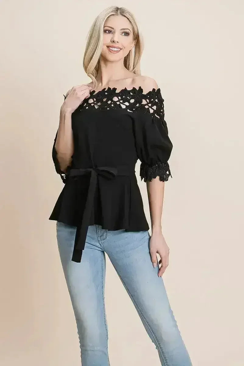 Lace Crochet Self Belted Off The Shoulder Tops with Back Zipper - Femstylo