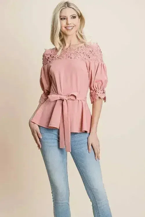 Lace Crochet Self Belted Off The Shoulder Tops with Back Zipper - Femstylo