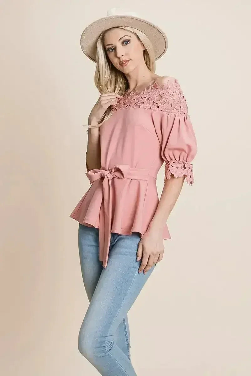 Lace Crochet Self Belted Off The Shoulder Tops with Back Zipper - Femstylo