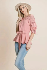 Lace Crochet Self Belted Off The Shoulder Tops with Back Zipper - Femstylo