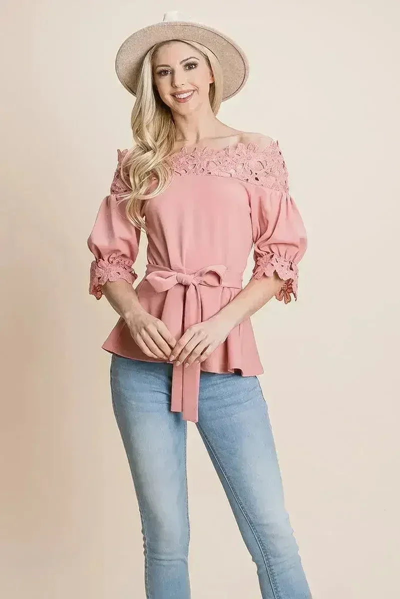 Lace Crochet Self Belted Off The Shoulder Tops with Back Zipper - Femstylo