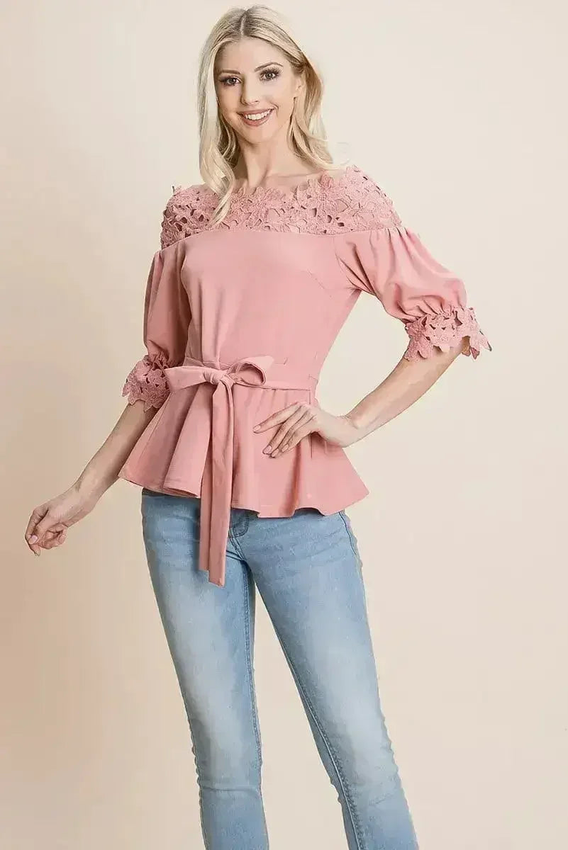 Lace Crochet Self Belted Off The Shoulder Tops with Back Zipper - Femstylo