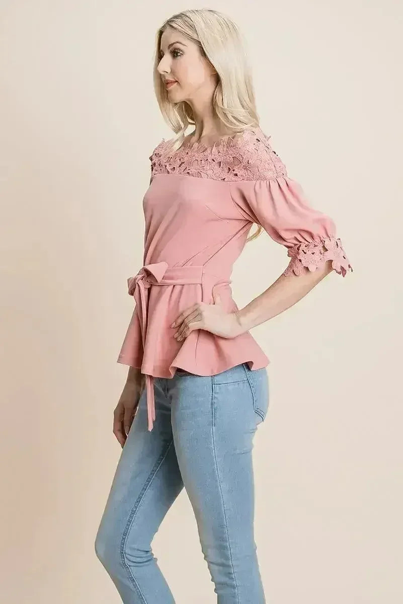 Lace Crochet Self Belted Off The Shoulder Tops with Back Zipper - Femstylo