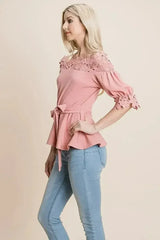 Lace Crochet Self Belted Off The Shoulder Tops with Back Zipper - Femstylo