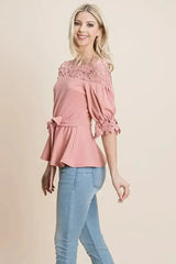 Lace Crochet Self Belted Off The Shoulder Tops with Back Zipper - Femstylo