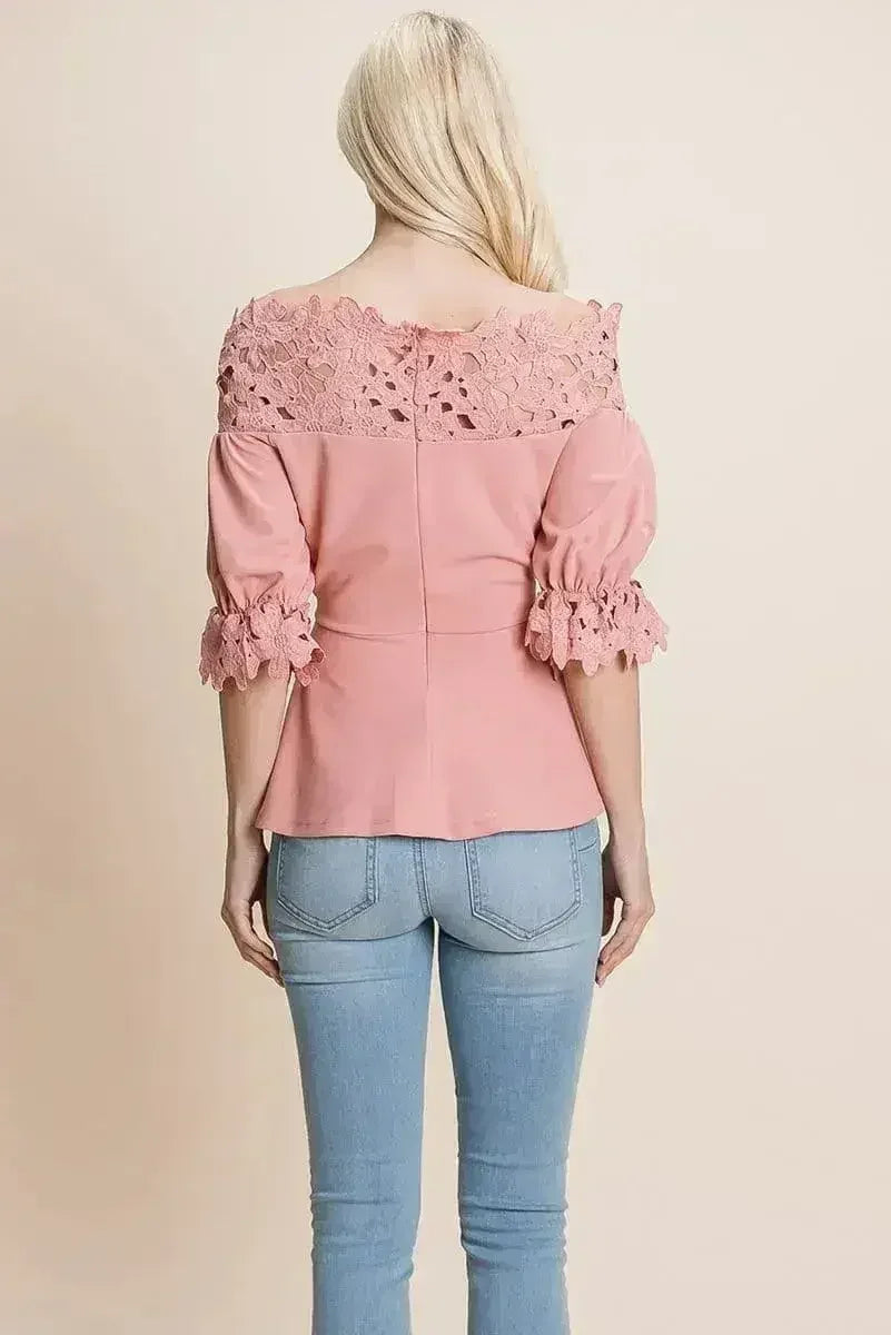 Lace Crochet Self Belted Off The Shoulder Tops with Back Zipper - Femstylo