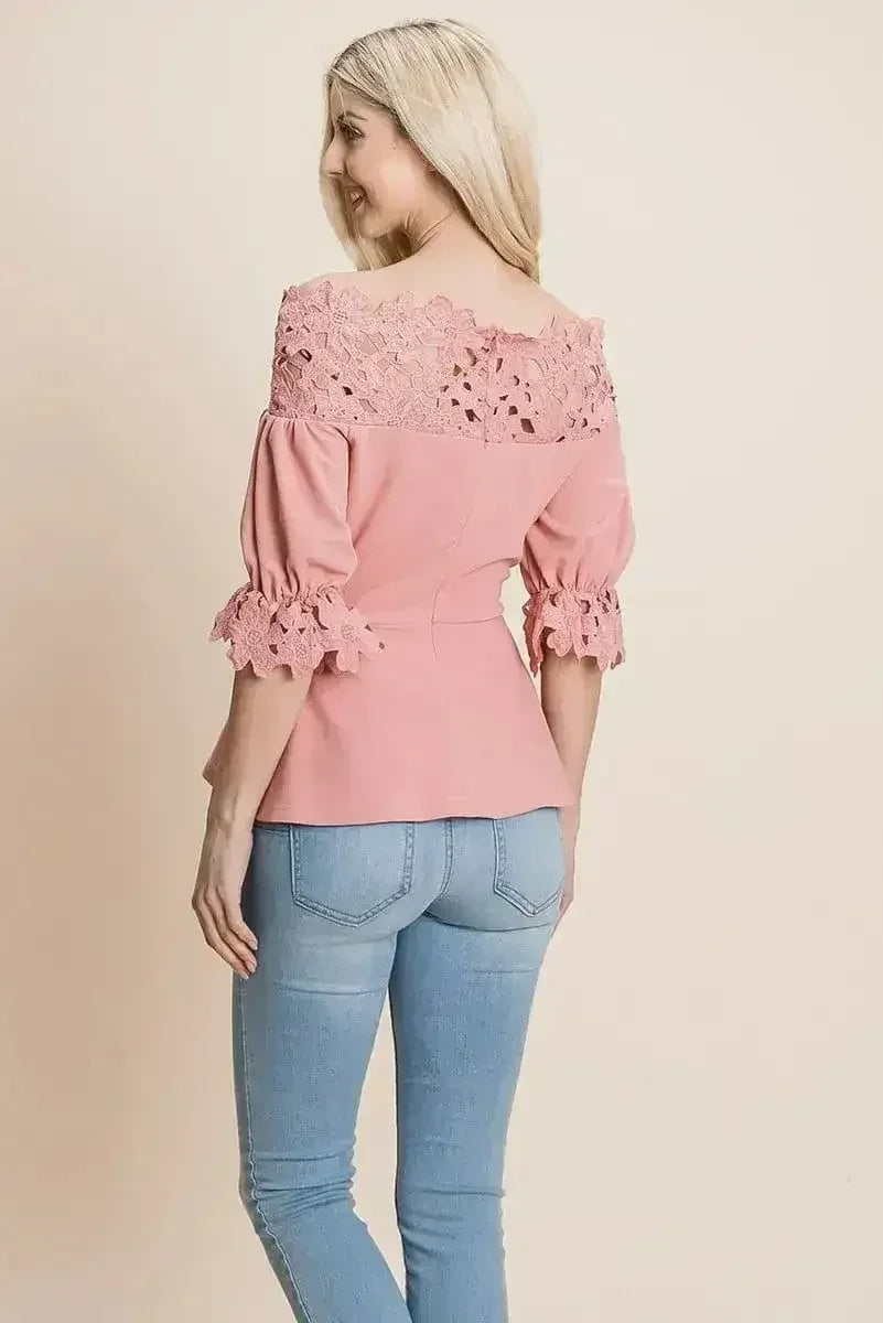 Lace Crochet Self Belted Off The Shoulder Tops with Back Zipper - Femstylo
