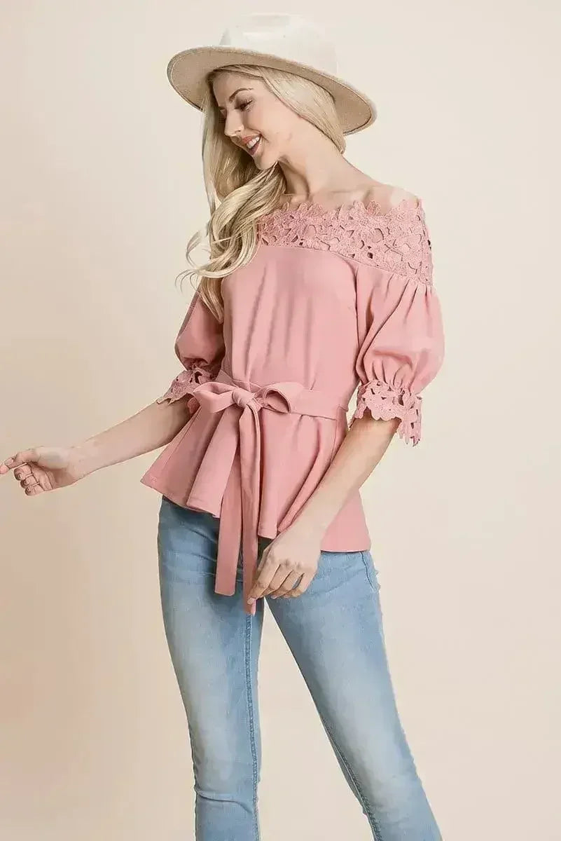 Lace Crochet Self Belted Off The Shoulder Tops with Back Zipper - Femstylo