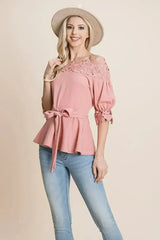 Lace Crochet Self Belted Off The Shoulder Tops with Back Zipper - Femstylo
