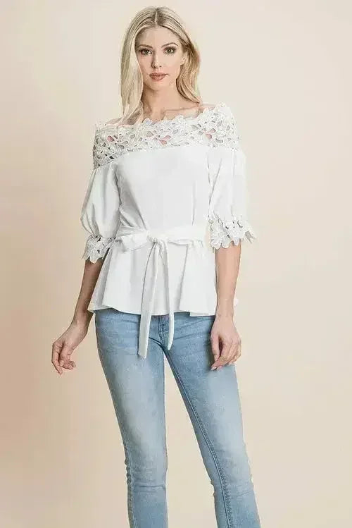 Lace Crochet Self Belted Off The Shoulder Tops with Back Zipper - Femstylo