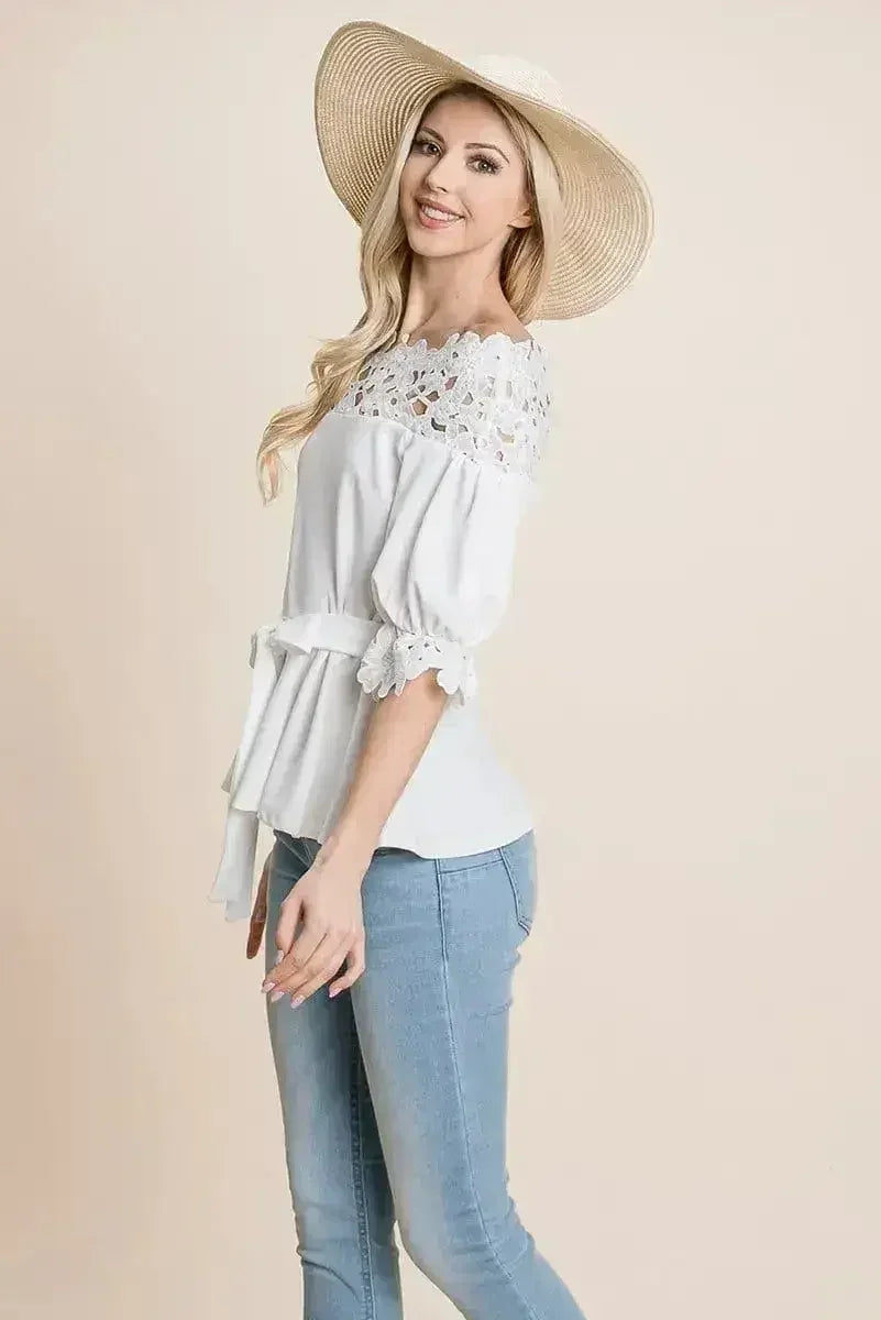 Lace Crochet Self Belted Off The Shoulder Tops with Back Zipper - Femstylo