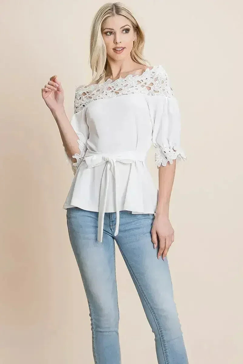Lace Crochet Self Belted Off The Shoulder Tops with Back Zipper - Femstylo