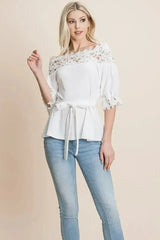 Lace Crochet Self Belted Off The Shoulder Tops with Back Zipper - Femstylo