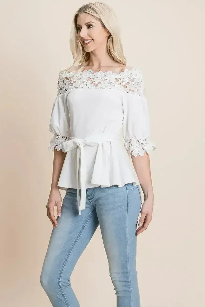 Lace Crochet Self Belted Off The Shoulder Tops with Back Zipper - Femstylo