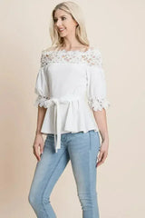Lace Crochet Self Belted Off The Shoulder Tops with Back Zipper - Femstylo