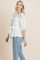 Lace Crochet Self Belted Off The Shoulder Tops with Back Zipper - Femstylo