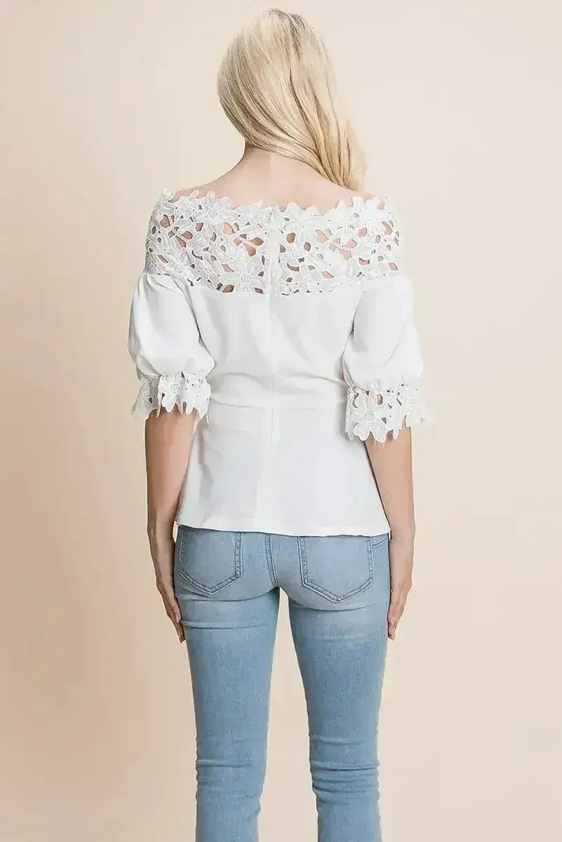 Lace Crochet Self Belted Off The Shoulder Tops with Back Zipper - Femstylo
