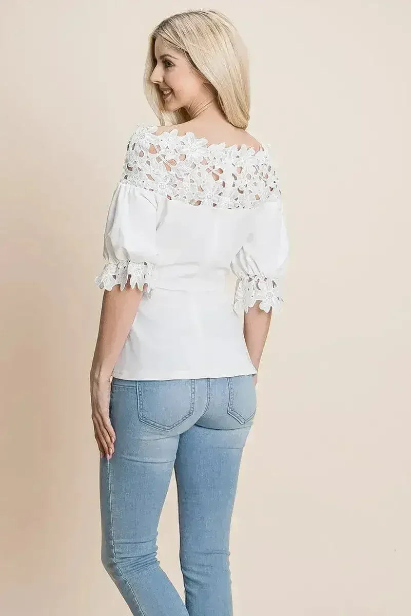 Lace Crochet Self Belted Off The Shoulder Tops with Back Zipper - Femstylo
