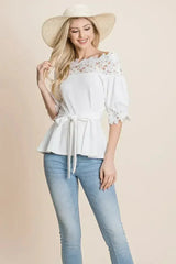 Lace Crochet Self Belted Off The Shoulder Tops with Back Zipper - Femstylo