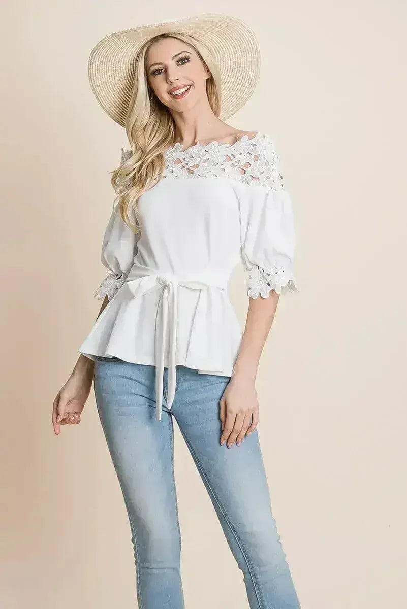 Lace Crochet Self Belted Off The Shoulder Tops with Back Zipper - Femstylo