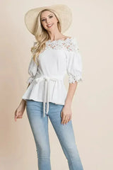Lace Crochet Self Belted Off The Shoulder Tops with Back Zipper - Femstylo