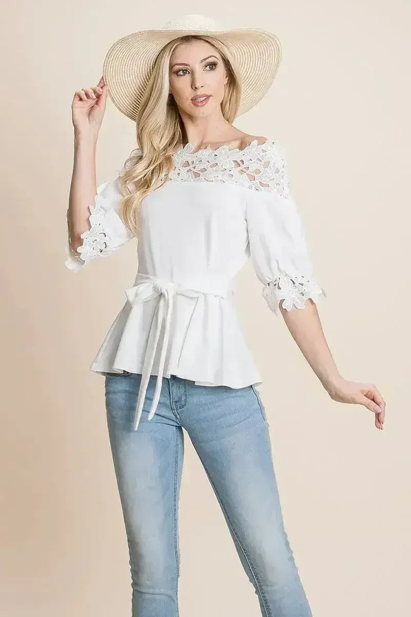 Lace Crochet Self Belted Off The Shoulder Tops with Back Zipper - Femstylo