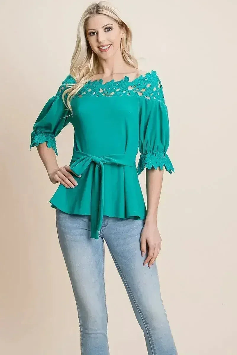 Lace Crochet Self Belted Off The Shoulder Tops with Back Zipper - Femstylo