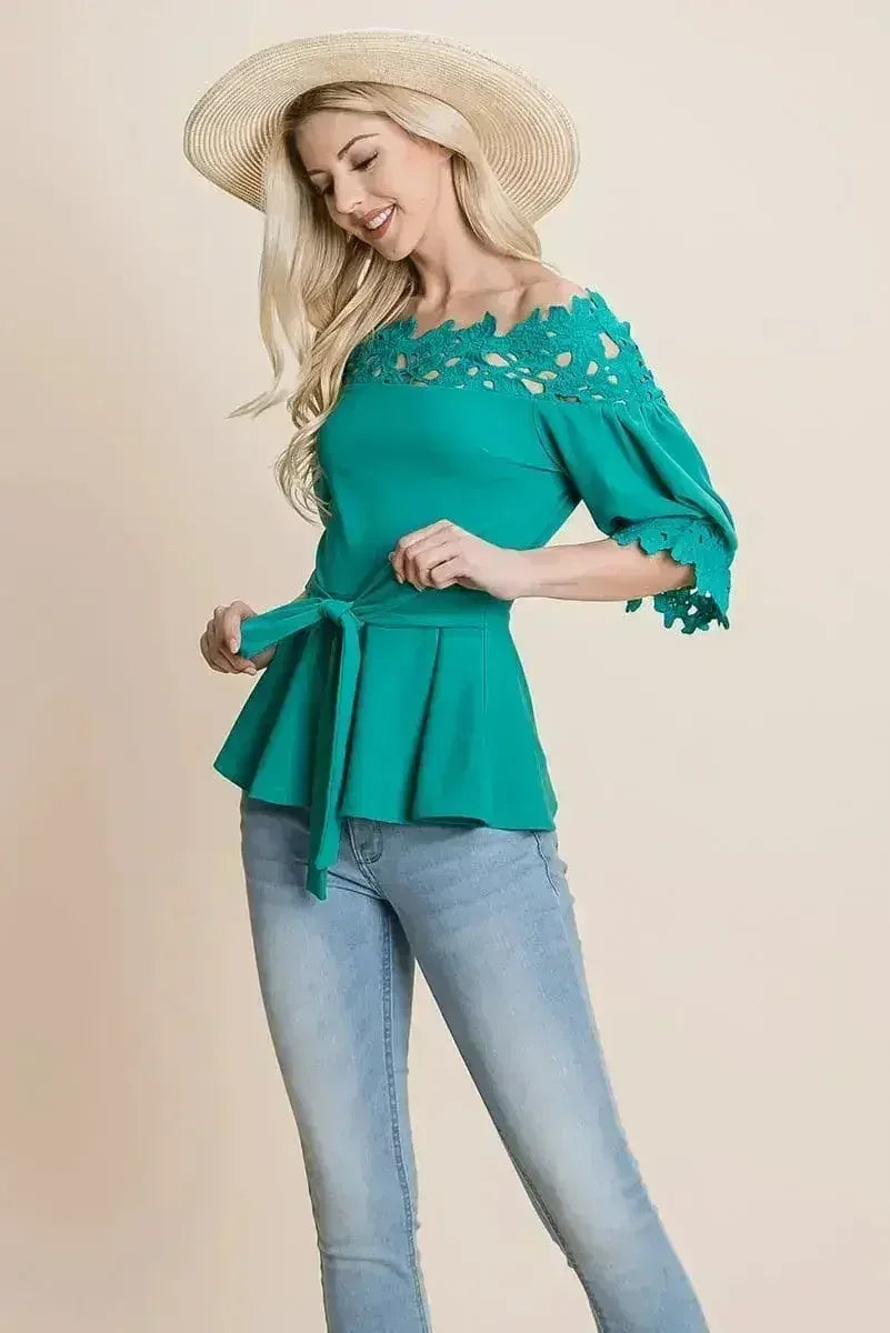 Lace Crochet Self Belted Off The Shoulder Tops with Back Zipper - Femstylo